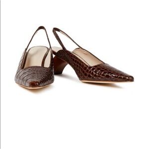 Brock Collection croc embossed kitten heel sling back in burgundy